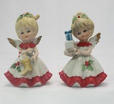 2 Homco Christmas Angels w Gifts & Stocking Vintage Blonde Porcelain Angels 5402 picture