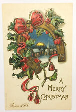 Christmas Postcard Horseshoe Glitter Embossed  picture