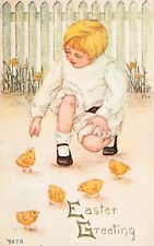 Antique Easter Card F A Owen Child Blonde Girl Feeding Chicks Vtg Postcard D27 picture