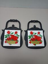 2 Vintage Kettle Shaped Cast Iron Trivet Apples & Strawberries Ceramic Tile picture