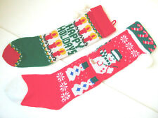 2 Vtg Christmas Knit Acrylic Stocking Happy Holiday Candles Snowman Pom Pom C1 picture