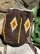 Vintage Native American Brown Suede Beaded Medicine Bag Tobacco Pouch picture