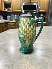 Antique Green and Yellow Corn Cob Maize Majolica Jug with Original Pewter Lid picture