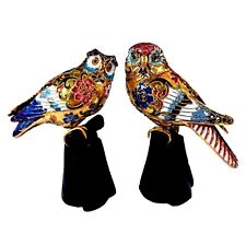 2 Vtg Cloisonne Enamel Gold Leaf Filigree Barn Great Horned Owl Figurines Perch picture