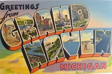 Greetings From Grand Haven Michigan Large Big Letter Postcard Linen Unused 68437 picture