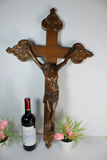 LARGE Antique french wood carved crucifix religious  picture