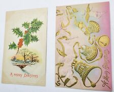 2 Vintage Christmas Postcards Embossed Bells Cherubs Holly picture