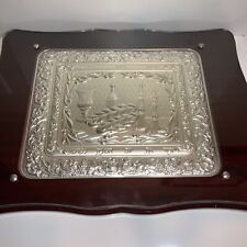 Vintage Silver Plated And Glass Serving Dish Tray Panel Judaica Israel Wood Base picture