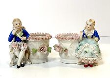 Vintage Pair Porcelain Victorian Courting Couple Figurines Ruffled Vases Japan picture