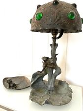 RARE AUSTRIAN ART NOUVEAU JEWELLED BRONZE TABLE LAMP & CALLING CARD TRAY picture