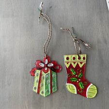 Vintage Glass Christmas Ornaments: Gift Box Present & Stocking: Lot of 2 - 5” picture