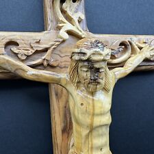 Vintage Carved Wooden Wall Crucifix Olive Wood BETHLEHEM Holy Land Jesus Cross picture