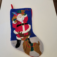 Vintage Yarn Needlepoint Christmas Stocking Santa & Reindeer Red Velvet Back 18” picture