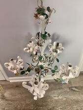 Rare Vintage Ceiling Light Fixture Hanging Lamp Chandelier WHITE METAL FLOWERS picture