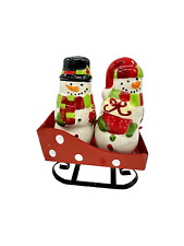 Pier 1 Imports Snowman Red Sled Salt and Pepper Shakers Set with Original Box picture