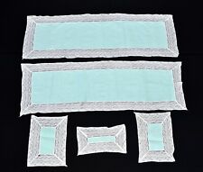  2 Vintage Moss Green Linen w White Lace Table Runners Matching 3 Pc Dresser Set picture