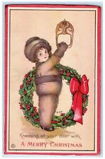 c1910's Merry Christmas Little Girl Berries Whreat Embossed Lynn WI Postcard picture