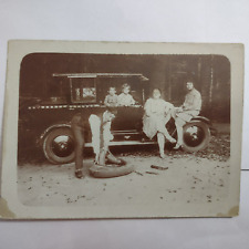 1920's Vintage Photo Model T Auto Tire Change with Family Waiting picture