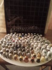 Lot of 130 Vintage Thimbles, pewter, metal, ceramic, wood, with case holds 100 picture