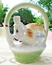 ADORABLE VINTAGE HAND PAINTED CERAMIC ELEPHANT IN A BASKET FIGURINE - BRAZIL picture