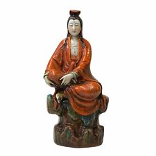 Small Vintage Finish Orange Off White Color Porcelain Kwan Yin Statue ws1587 picture