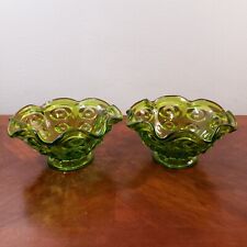 Pair Of Viking Glass Green Ruffled Bullseye Candle Holder Footed Bowls picture
