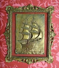 Vintage Ornately Framed Italian Nautical Gold Tone 3D Ship Red Velvet Matte  picture
