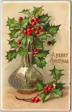 1909 A Merry Christmas Holy Leaf Cherry In Silver Vase Greetings Posted Postcard picture