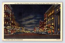 Postcard Ohio Sandusky OH Downtown Night 1940s Unposted Linen picture