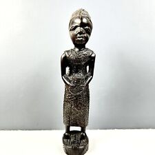 African Ebonized Wood Tribal Woman Holding Basket Statue Carved Figurine picture