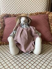 Handmade Vintage Easter Bunny with plaid and floral clothes and a straw hat picture