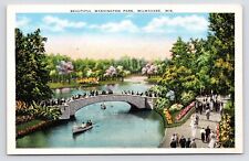 c1940s~Milwaukee Wisconsin WI~Washington Park~Bridge~Garden~Lake~VTG Postcard picture