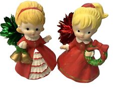 Homco Christmas Girl Doll Figurine Set 2  Red Dress Bells Wreath VTG MCM Decor picture