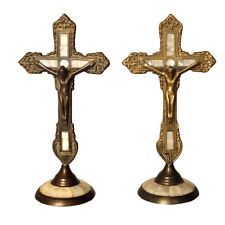 2PCS Antique Hand Made Crucifixion of Christ Brass Cross w/Mother of Pearl Inlay picture