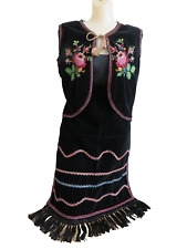 Vintage European Black Velvet Embroidered Folk Vest & Long Fringed Apron Size M picture