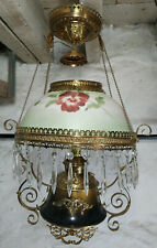 1890'S BRADLEY AND HUBBARD JEWELED FRAME DARK BRONZE HANGING LAMP WITH SHADE picture