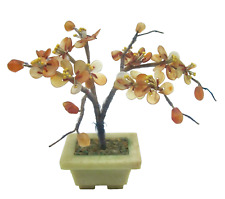 Vintage Carnelian Bonsai Tree Flowers Jadite Pot 5