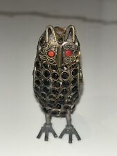Vtg TIBETAN NEPALESE BRASS Filigree Owl Figurine ONYX CORAL TURQUOISE 2.25” picture