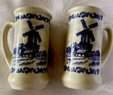 2 Vtg Ceramic Blue & White Windmill Shot Glass Mini Mug Bar Drink-ware Trinket picture
