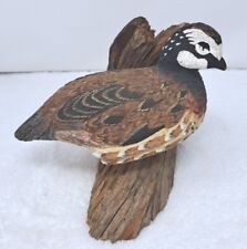 Vintage Hand Carved & Painted Quail on Driftwood Figurine Signed  picture