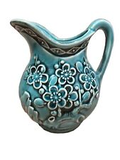 Ruebens MCM Vtg Teal Ceramic Japanese Hand Crafted Pitcher Embossed Flowers picture
