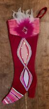 PIER 1 Imports Christmas Stocking Red Pink Victorian Boot Feathers Sequin Trim picture