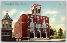 Mahanoy City Pennsylvania~Catholic Parochial School~Iron Fence~1940 Linen PC picture