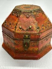 Beautiful Vintage Handmade Trinket Box Brass Design and Tacks Red picture