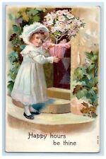 c1910's Pretty Little Girl Front Door Pink Flowers Pot Embossed Antique Postcard picture