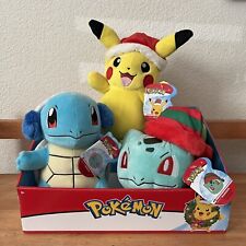 Lot of 3 Pokémon Holiday Christmas Plush - Pikachu Squirtle Bulbasaur with Box picture