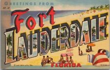 FORT LAUDERDALE Florida Large Letter Postcard Bathing Beach Scene / Linen 1950 picture