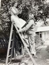 AxG) Found Photograph Cute Couple On Ladder Picking Apples Fruit 1940's-50's picture