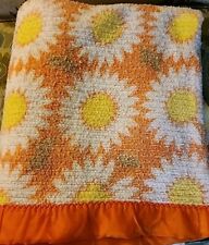 Satin Edge Orange Flower 🌼 Boho Vintage Blanket Waffle Weave Flower Power  picture