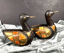 Pair of Hand Crafted Wooden Ducks accented with Brass, Copper and Shells picture
